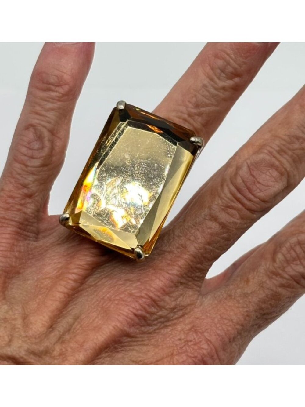 Vintage Cocktail Ring Emerald Cut Oversized Faux Citrine Adjustable and Unsigned